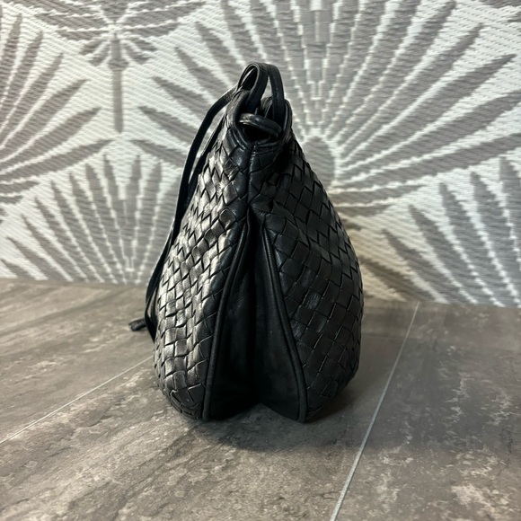 Vtg Bottega Veneta Intrecciato Drawstring Pouch Bag Blk Woven Leather Italy - Picture 6 of 16